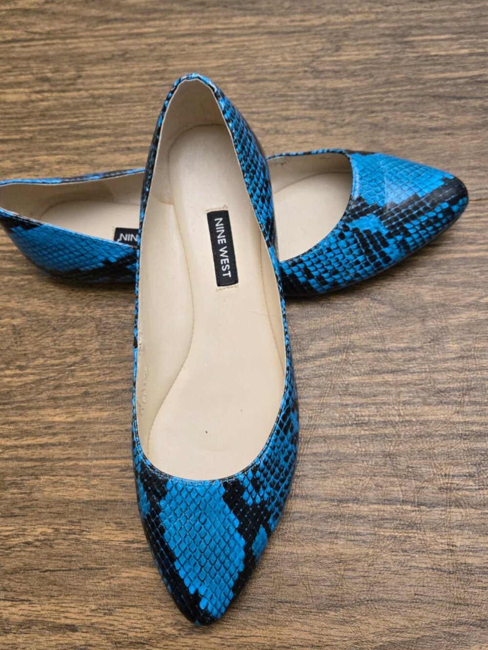 NINE WEST WNSPEAKUP3 Women's Blue/Black Snakeskin Print Flats - 7.5M